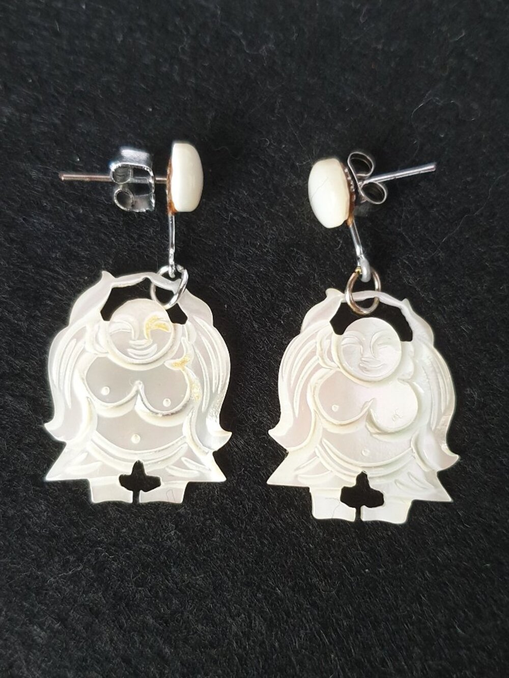 Vintage Hand-Carved Mother of Pearl Happy Buddha Dangle Earrings